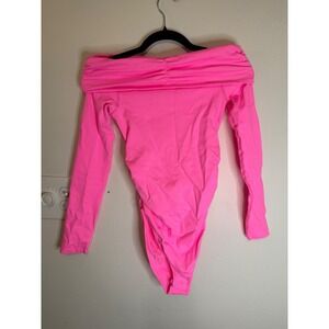 OQQ Boatneck Ruffle Bodysuit Neon Pink Size S New